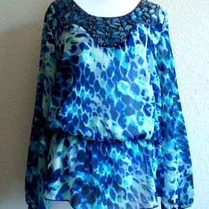Vintage Cache  blue embroidered multi print tunic rhinestones size-Small